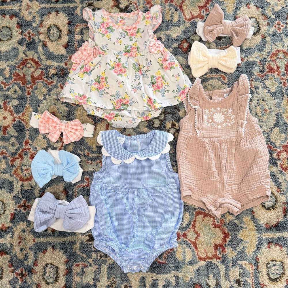 Mud Pie Baby Starters Romper Lot Girls 6-9M Floral Gingham Gauze EUC